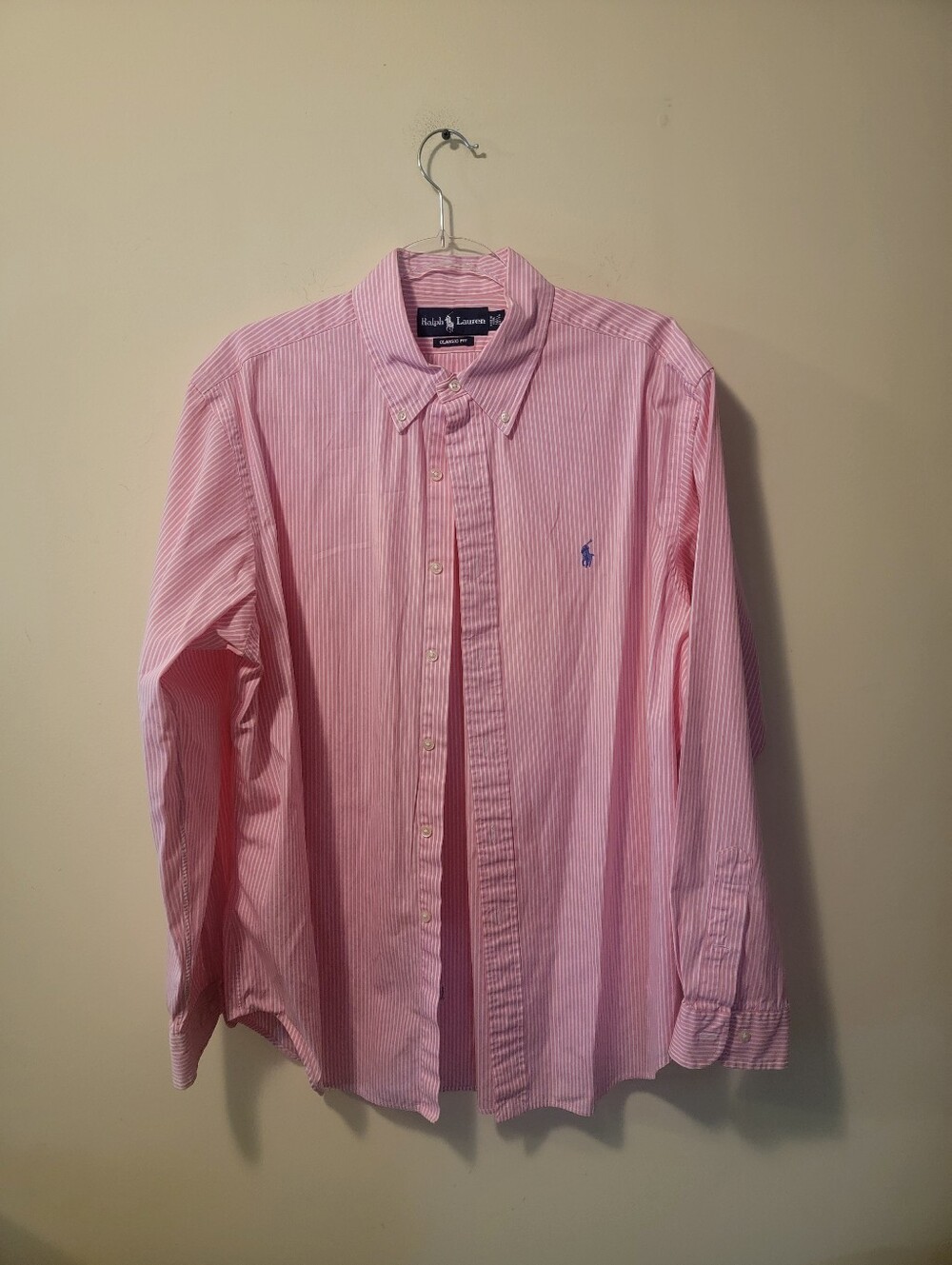 Ralph Lauren Classic Fit Pink White Striped Button Down Shirt Men's 16 1/2 34/35